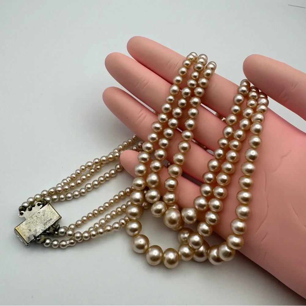 Vintage Japan 3-Strand Faux Pearl Necklace Rhinestone Box Clasp